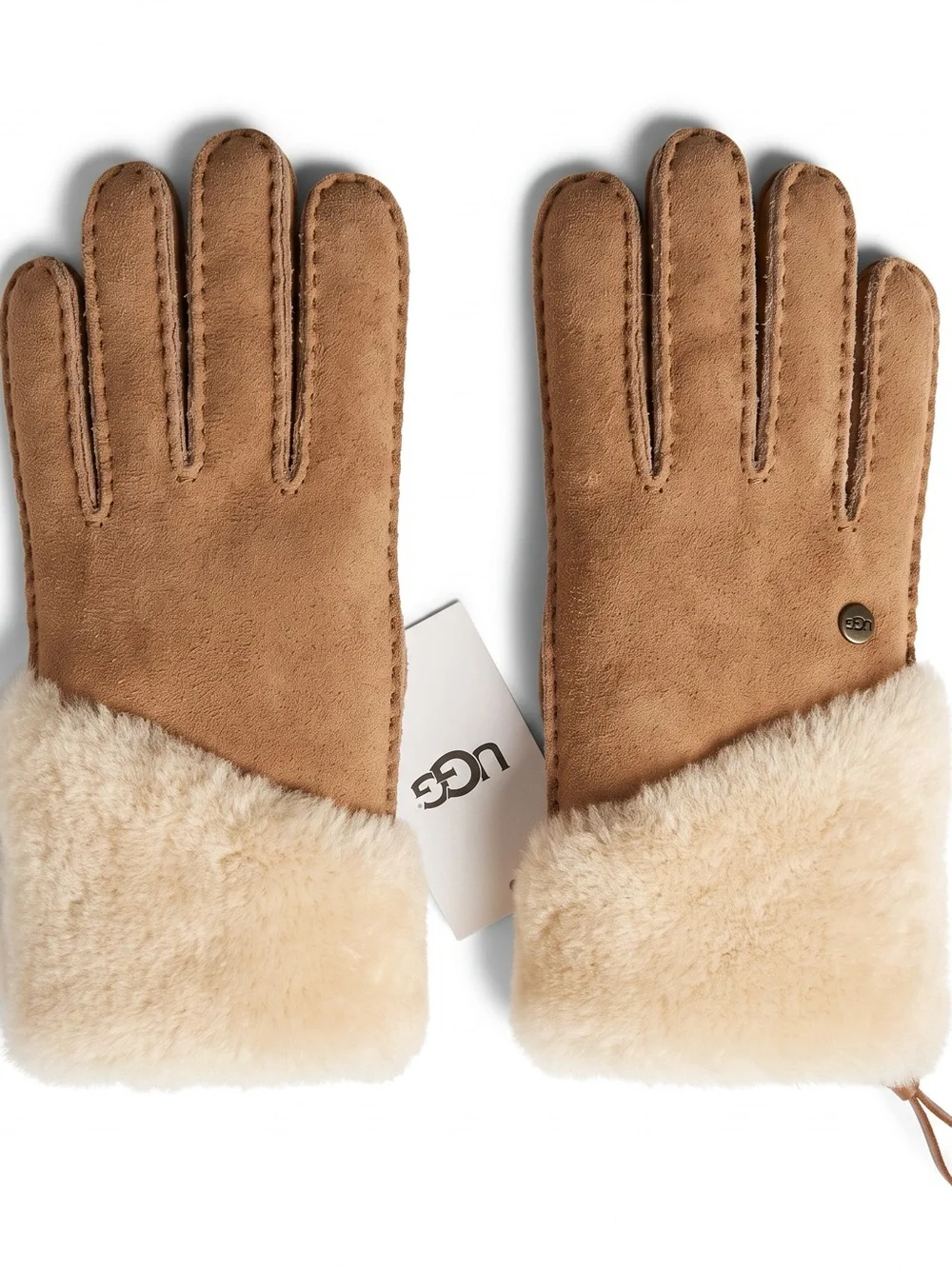 UGG Shearling Fur Cuff Tech Touch Zip Gloves Chestnut Cream Small NWT